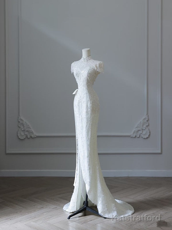 Princess Sheath High Neckline White Sequin Long Wedding Dresses Brides Dress