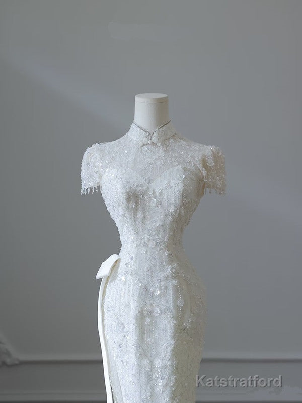 Princess Sheath High Neckline White Sequin Long Wedding Dresses Brides Dress