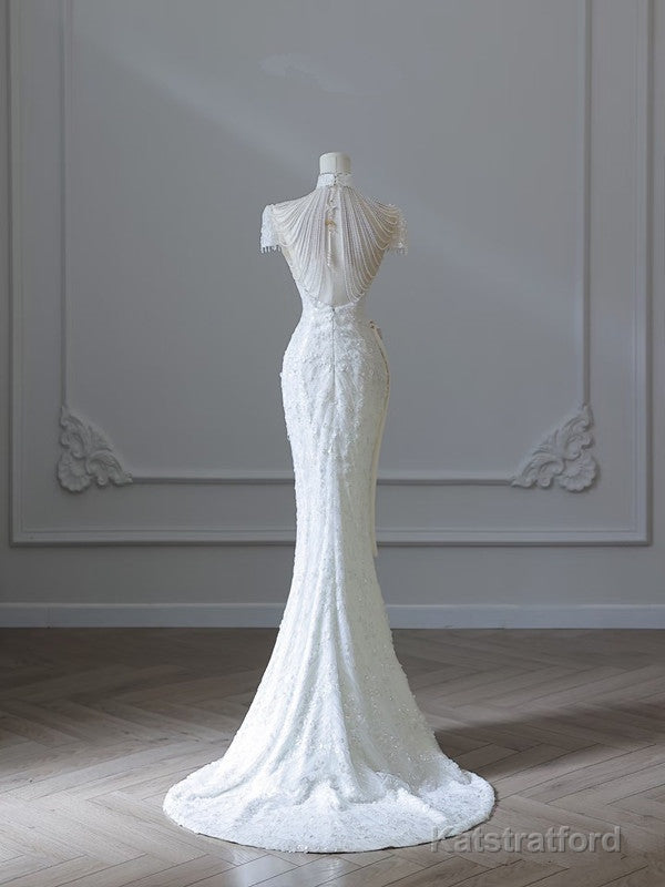 Princess Sheath High Neckline White Sequin Long Wedding Dresses Brides Dress