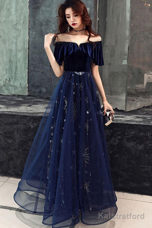 Blue Tulle With Velvet Long Party Dress, A Line Off Shoulder Formal Dress, Prom Dress