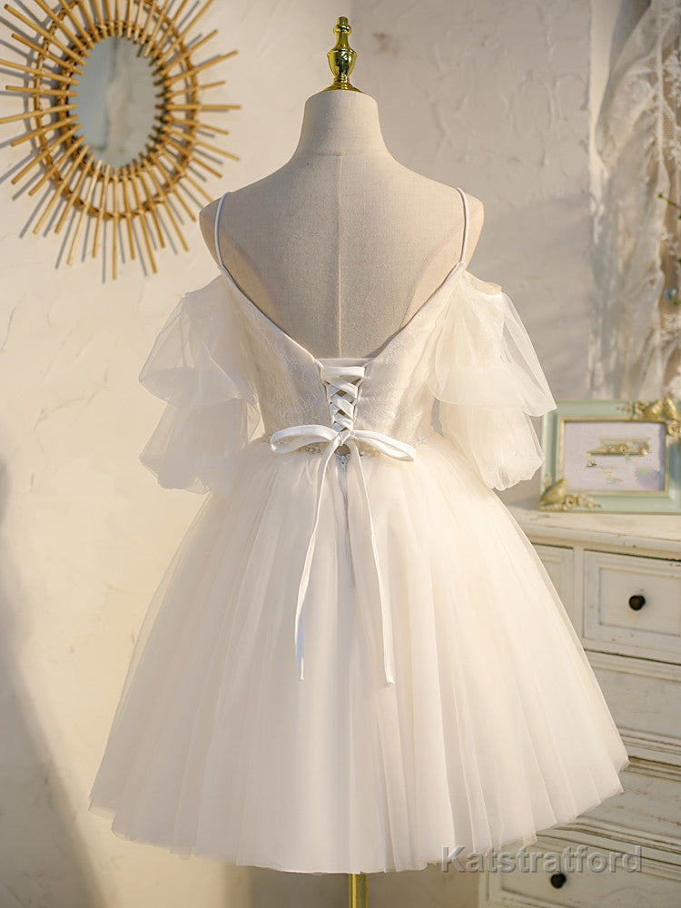 Cute White Short Tulle Off Shoulder White Prom Dresses
