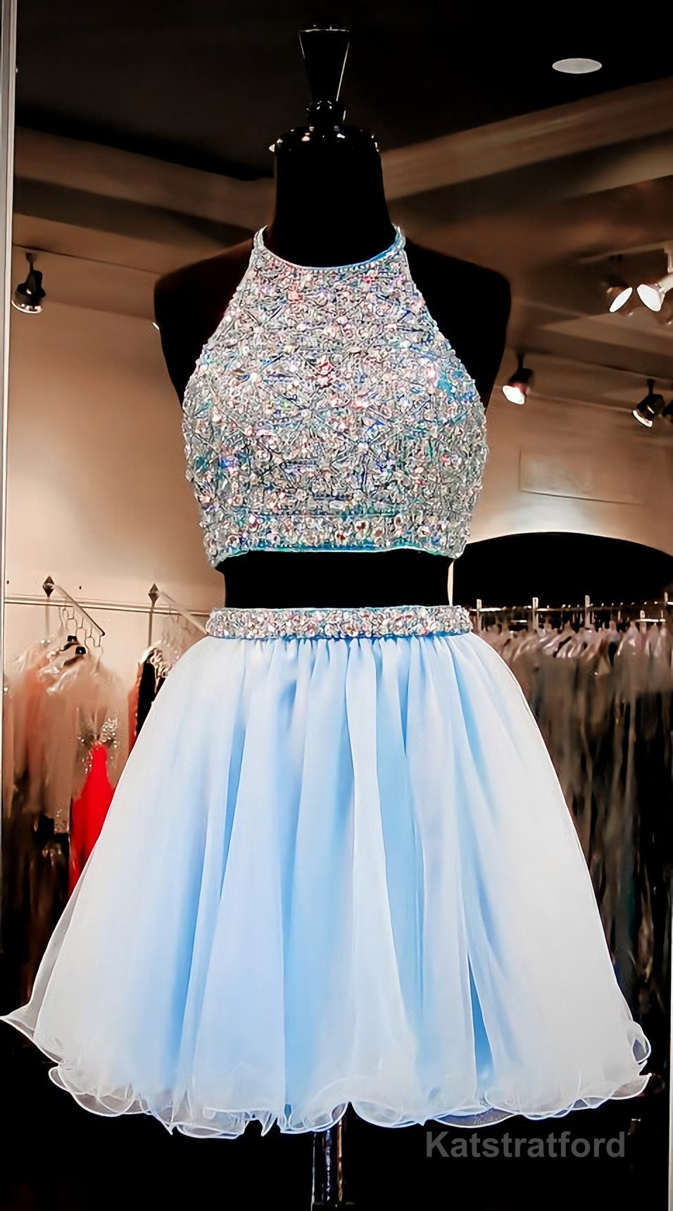 Two Pieces Light Blue Short High Neck Open Back Rhinestones Mid Section Sky Blue Prom Dresses