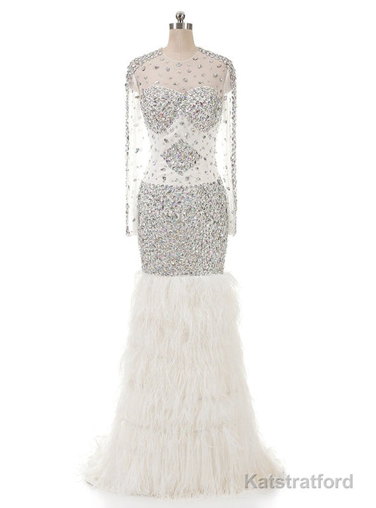 Prom dresses beading sequin fishtail long sleeve evening dress