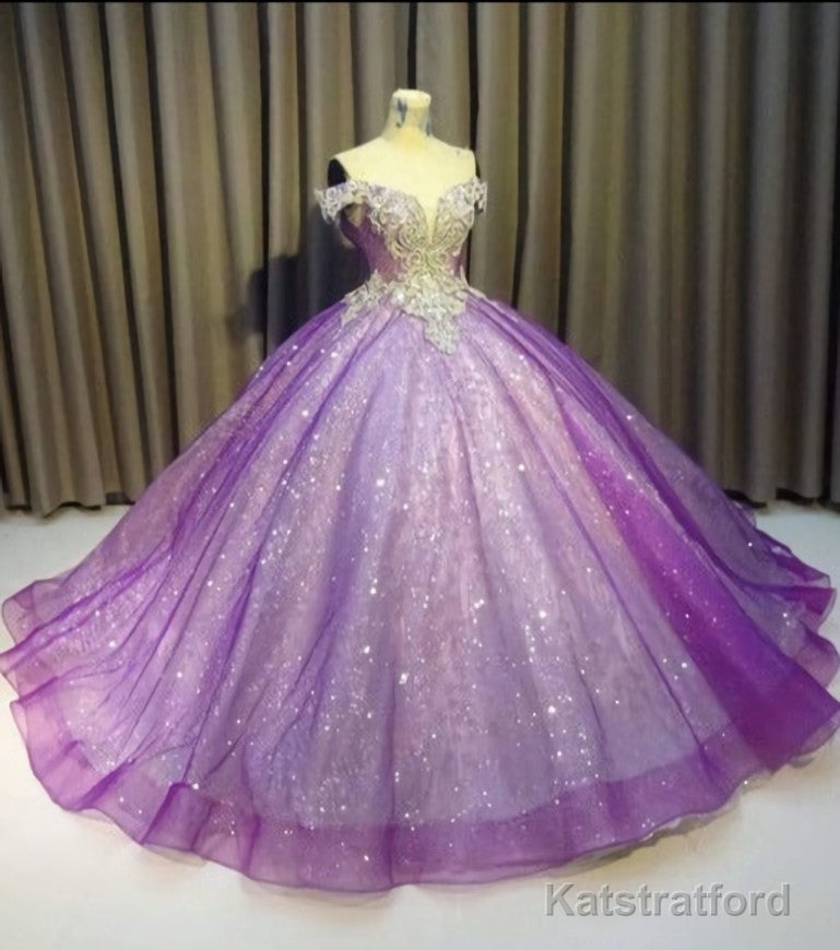 Purple Off The Shoulder Ball Gown Bling Bling Prom Dress