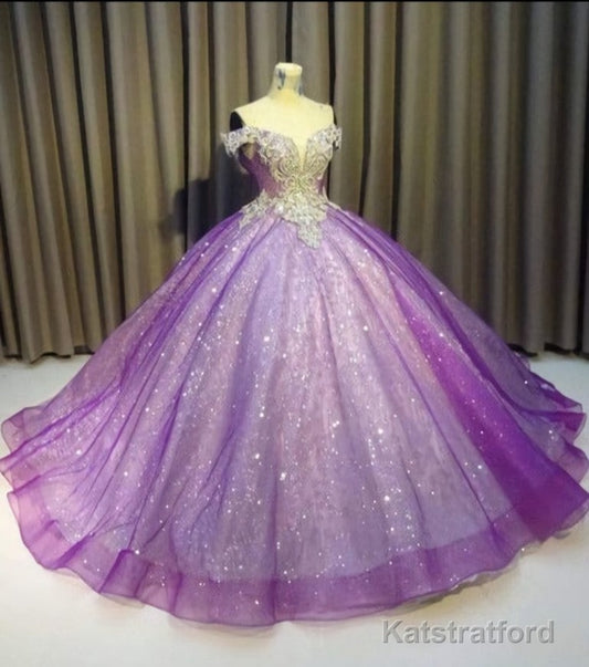 Purple Off The Shoulder Ball Gown Bling Bling Prom Dress