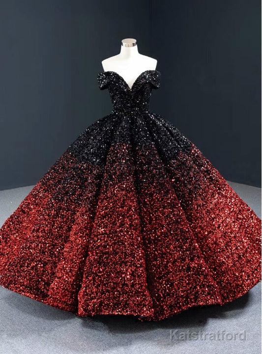 Red And Black Sequins Off the Shoulder Prom Dress