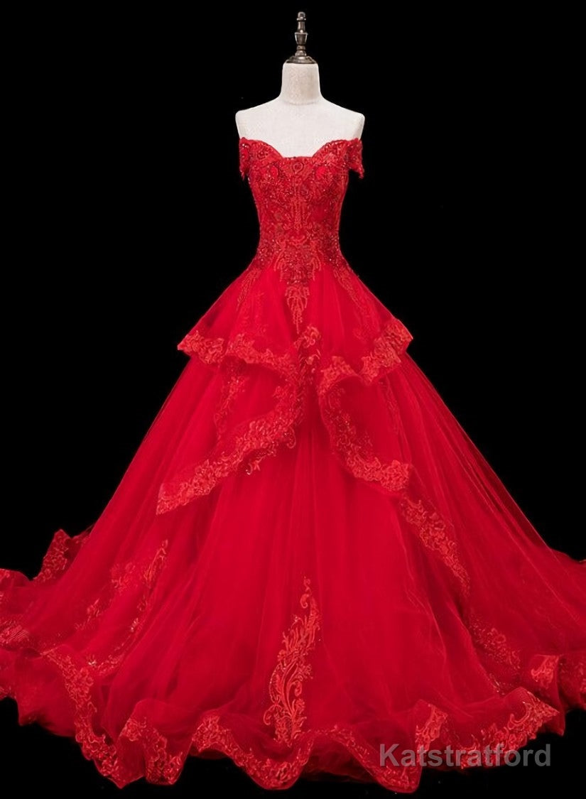 Red Lace and Tulle Gorgeous Off Shoulder Princess Sweet 16 Dress, Red Formal Gown