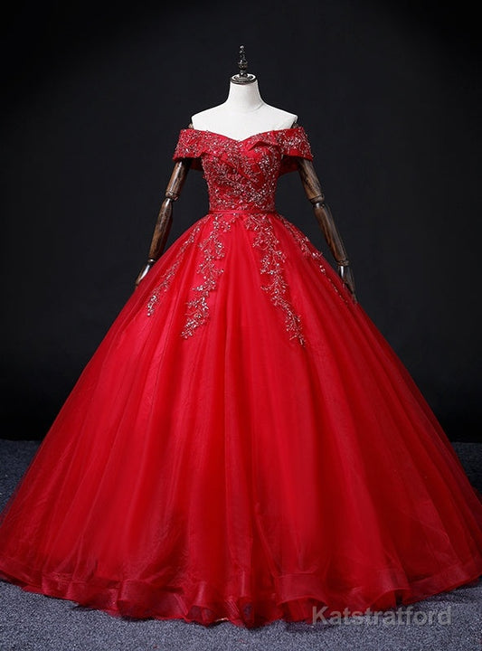 Red Tulle Off the Shoulder Beading Quinceanera Dress