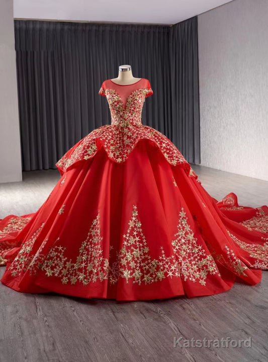 Red Tulle Sequins Cap Sleeve Prom Dress