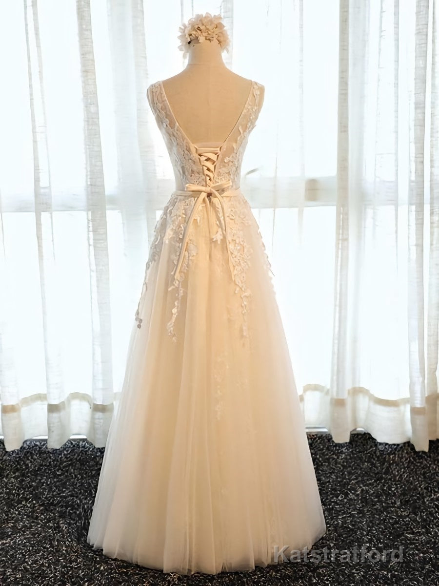Round Neck Champagne Lace Prom Dresses with Corset Back, Champagne Lace Formal Evening Bridesmaid Dresses