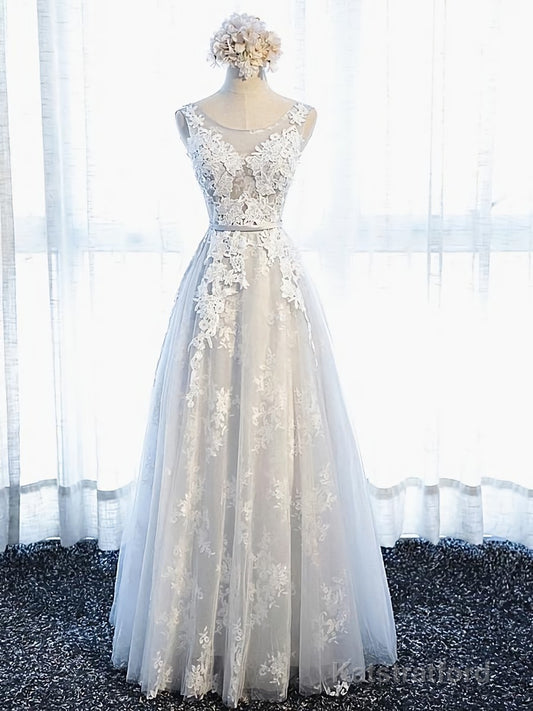 Round Neck Gray Lace Prom Dresses with Corset Back, Gray Lace Formal Evening Bridesmaid Dresses