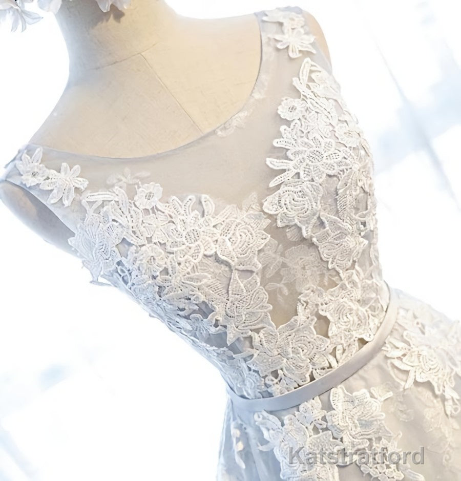 Round Neck Gray Lace Prom Dresses with Corset Back, Gray Lace Formal Evening Bridesmaid Dresses