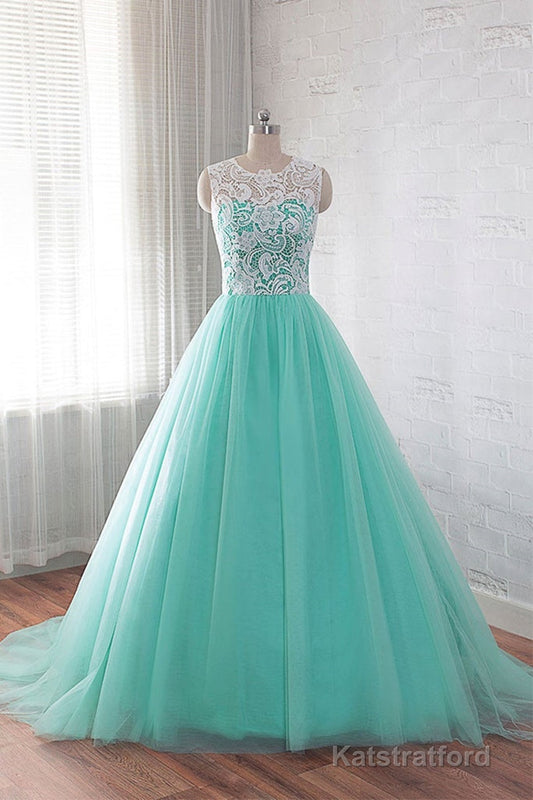 Round Neck Green Lace Tulle Long Prom Dresses, Green Lace Formal Dresses, Green Evening Dresses