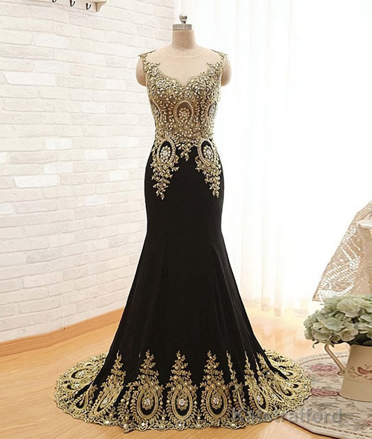 Round Neck Mermaid Lace Applique Black Prom Dresses, Lace Black Formal Dresses