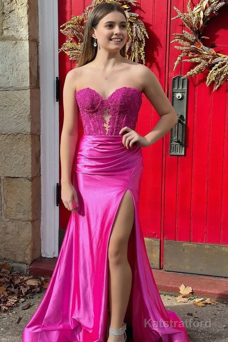 Royal Blue Strapless Lace Mermaid Long Prom Dresses With Slit