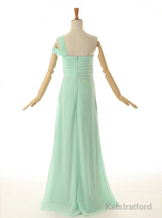 A-Line One Shoulder Floor Length Mint Green Bridesmaid Dress