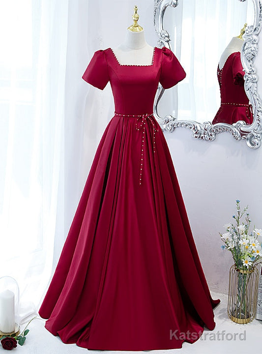 Satin Short Sleeve Square Pearls Prom Dress