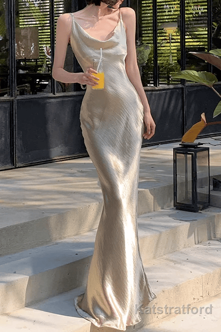 Sexy Mermaid Straps Gold Satin Prom Dress 21th Birthday Outfits