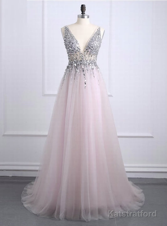 Sexy Prom Dresses Deep V Neck Backless Bead Crystal Party Gowns Sleeveless