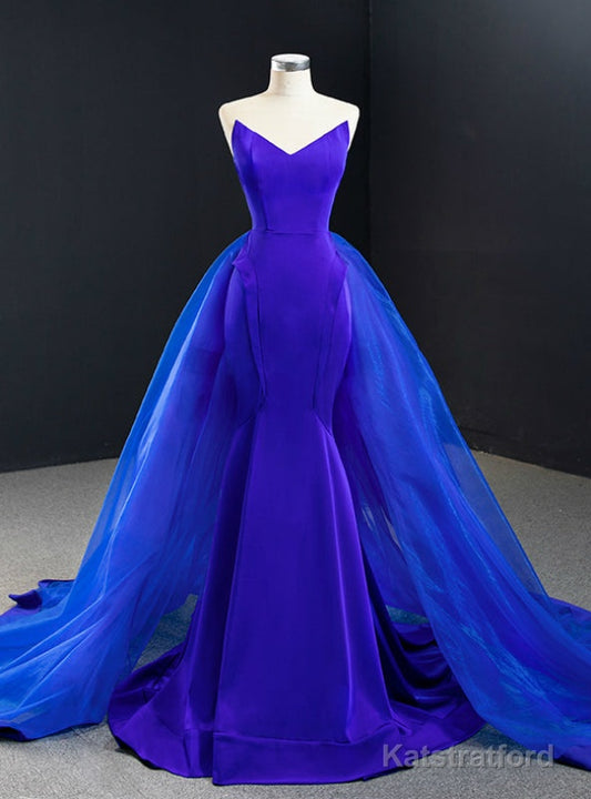Sexy Royal Blue Mermaid Satin Tulle Strapless Prom Dress