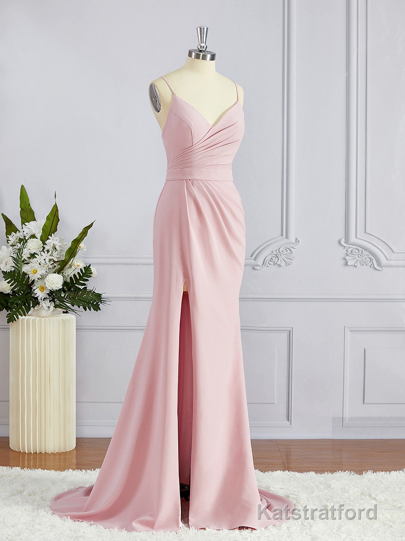 Sheath/Column V-neck Sweep Train Stretch Crepe Bridesmaid Dresses with Leg Slit