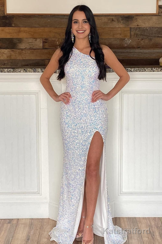 Sheath One Shoulder White Sequins Long Prom Dress with Split Front