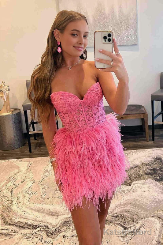 Sheath Sweetheart Lace Feather Skirt Homecoming Dress