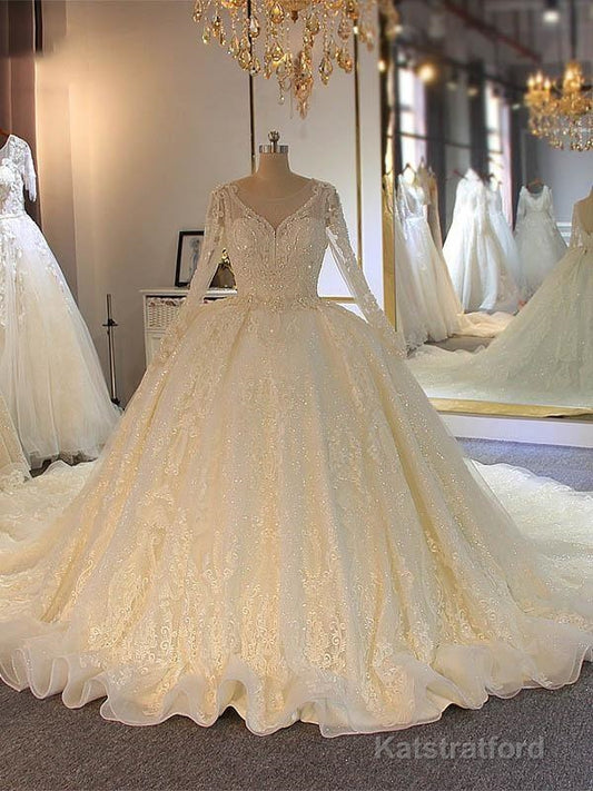 Shinny Long A-line Full Beading Lace-Up Wedding Dresses with Sleeves