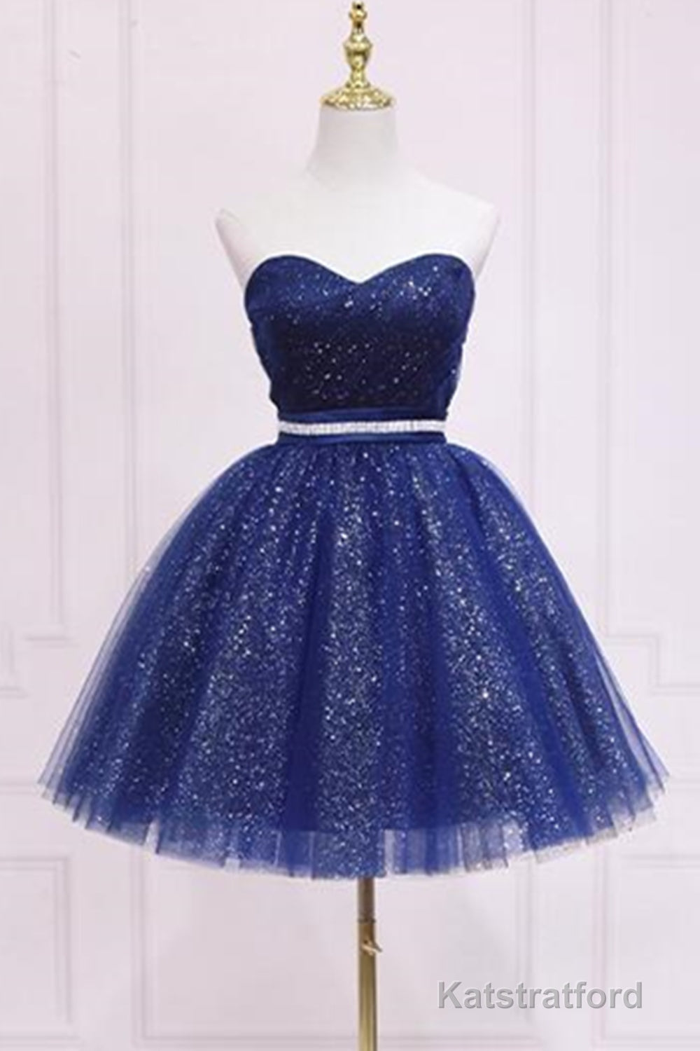 Shiny Strapless Sweetheart Neck Blue Short Prom Homecoming Dress with Belt, Sparkly Blue Formal Evening Dress