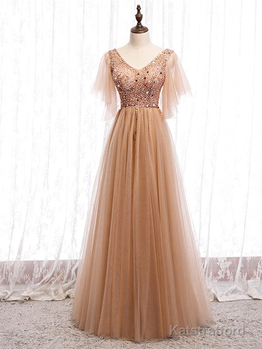 Shop Cheap Short Sleeves Beading V Neck Champagne Floor Length Prom Dress