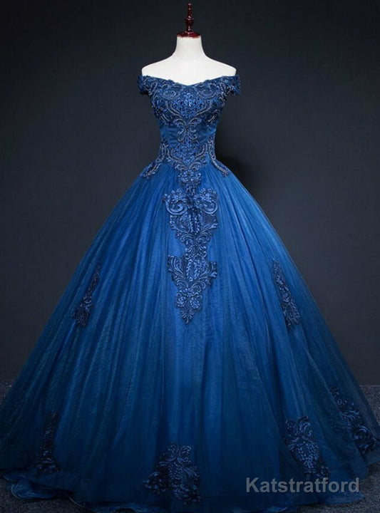 Shops Around The World Navy Blue Tulle Appliques Off the Shoulder Beading Quinceanera Dress