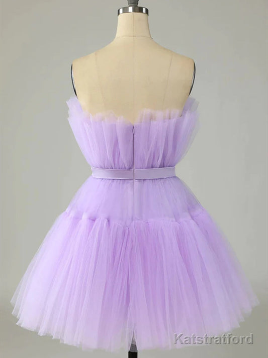 Short Purple Strapless Tulle Prom Dresses, Short Lavender Tulle Graduation Homecoming Dresses