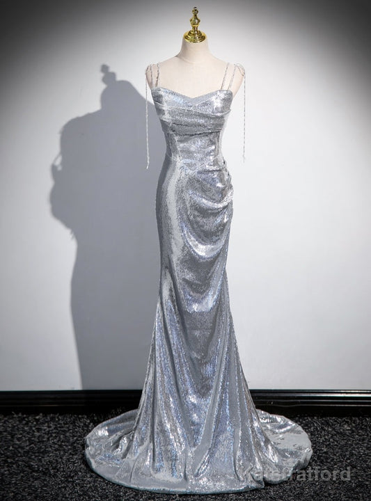 Silver Mermaid Sequins Spaghetti Straps Pleats Prom Dress