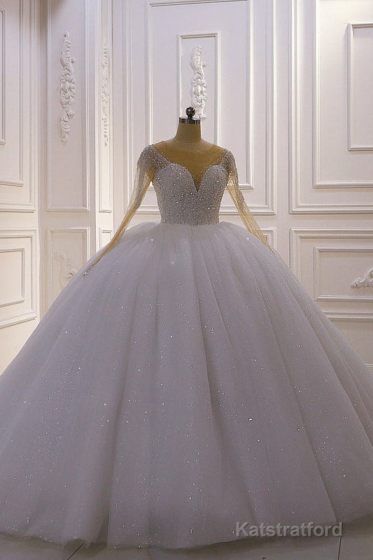 Sparkly Jewel Sequined Long Sleevess Princess Wedding Dress