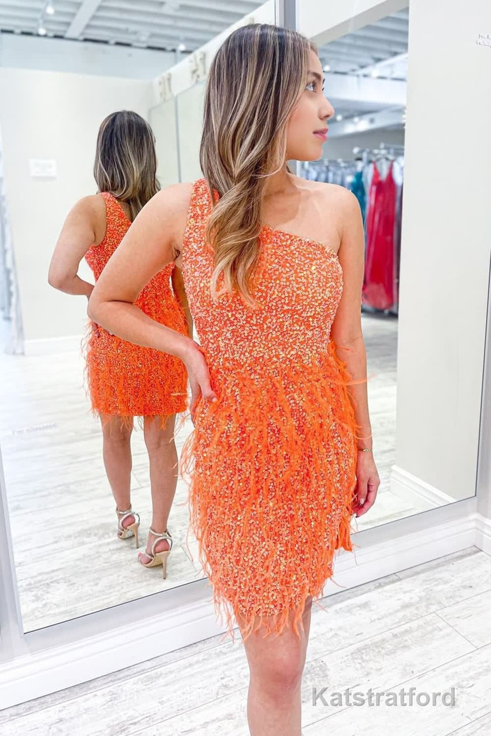 Sparkly Orange One Shoulder Sequins Tight Homecoming Dress with Feathers