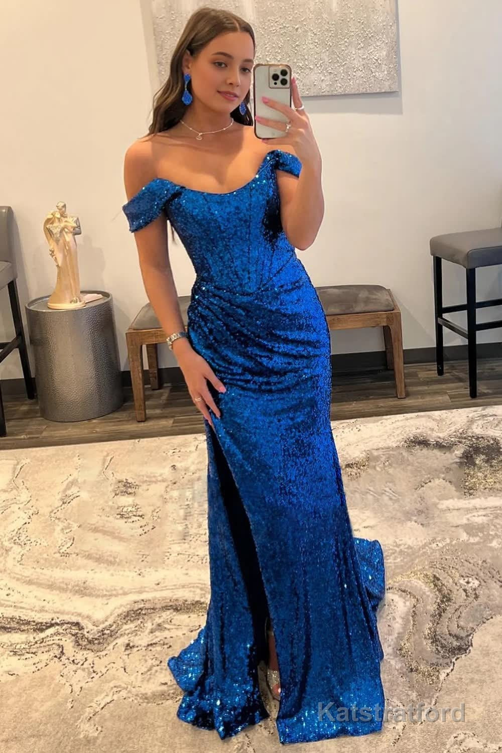 Sparkly Purple Off the Shoulder Mermaid Prom Dress with Slit
