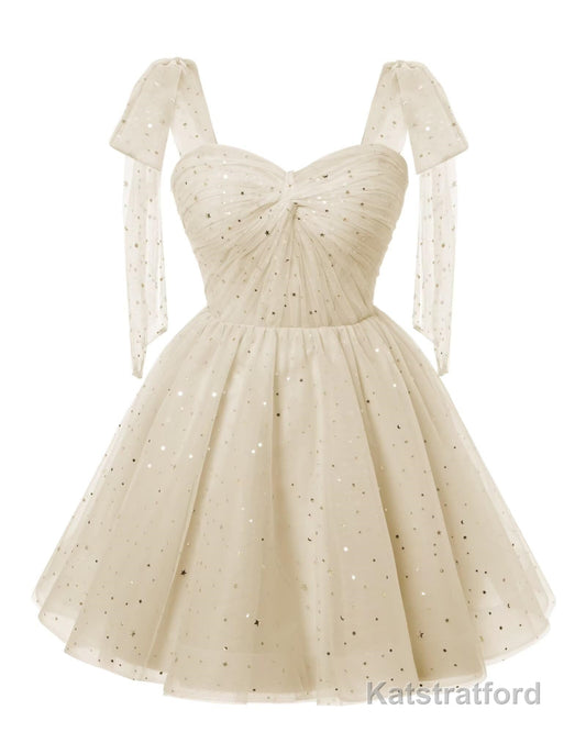 Sparkly Starry Light Champagne Tulle Short Homecoming Dresses Spaghetti Bow Straps Prom Dress Sequin Cocktail Party Dress for Teens