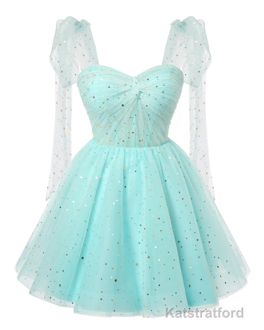 Sparkly Starry Mint Green Tulle Short Homecoming Dresses Spaghetti Bow Straps Prom Dress Sequin Cocktail Party Dress for Teens