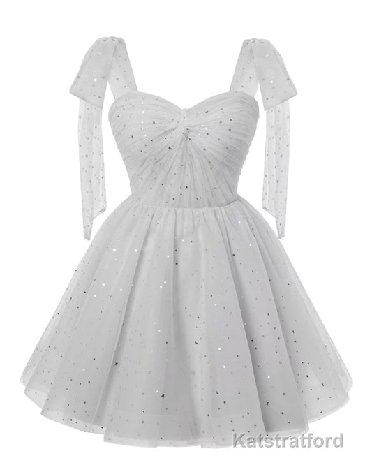 Sparkly Starry Silver Gray Tulle Short Homecoming Dresses Spaghetti Bow Straps Prom Dress Sequin Cocktail Party Dress for Teens