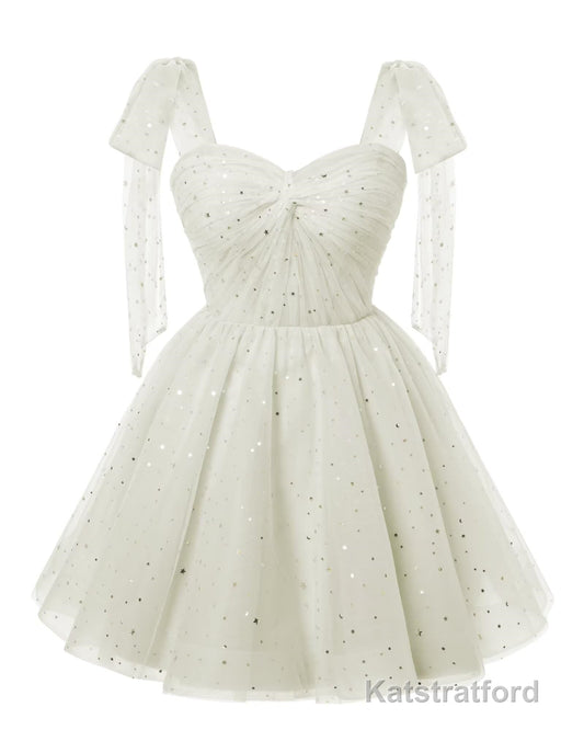 Sparkly Starry White Tulle Short Homecoming Dresses Spaghetti Bow Straps Prom Dress Sequin Cocktail Party Dress for Teens