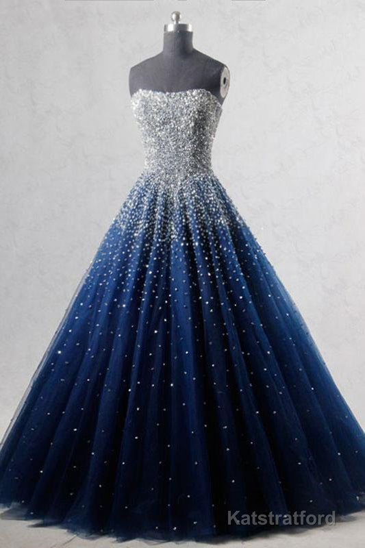 Sparkly Strapless Blue Prom Dresses, Strapless Blue Long Formal Evening Dresses