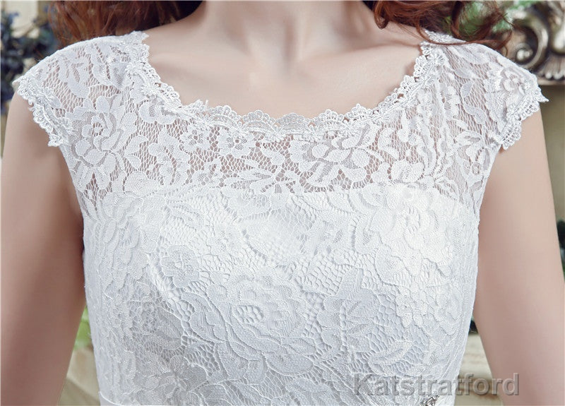 Strapless Appliques Lace Train Wedding Dresses With Crystals