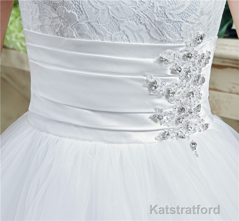Strapless Appliques Lace Train Wedding Dresses With Crystals