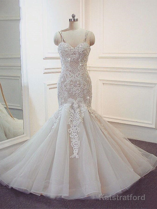 Stunning Long Mermaid Spaghetti Strap Lace Wedding Dresses