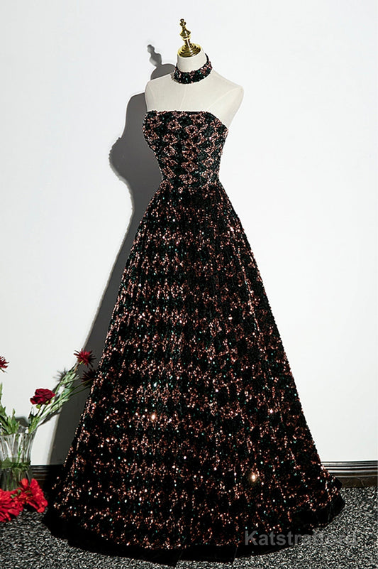 Stylish Sequins Long A-Line Prom Dress, Shiny Strapless Evening Dress