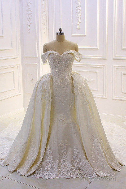 Sweetheart Lace Appliques Off the Shoulder Detachable Train Wedding Dress