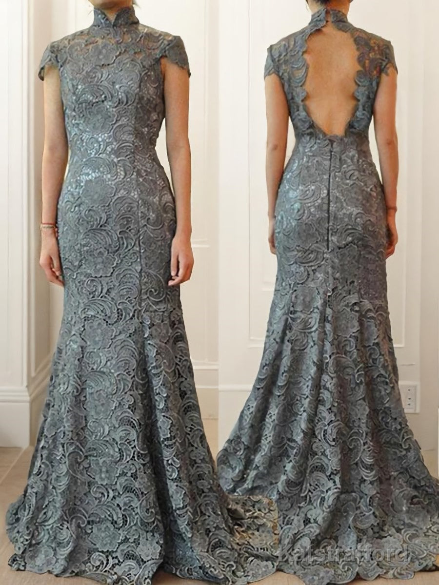 Trumpet/Mermaid High Neck Sweep Train Lace Mother of the Bride Dresses With Ruffles