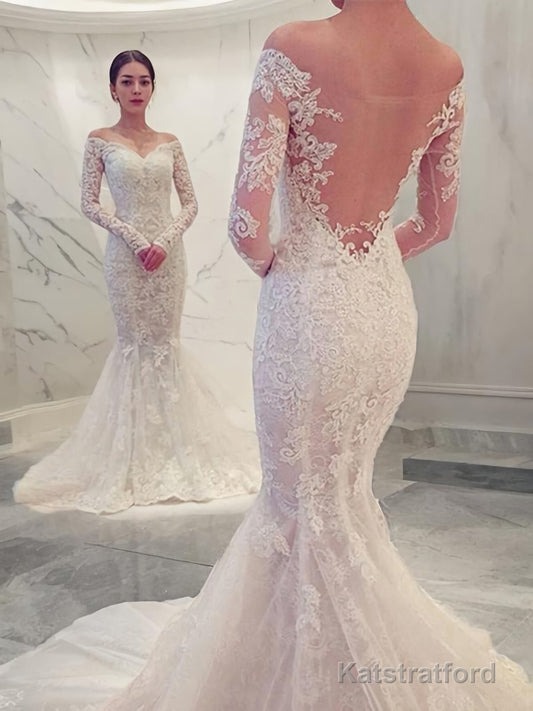Trumpet/Mermaid Off-the-Shoulder Chapel Train Lace Wedding Dresses With Appliques Lace
