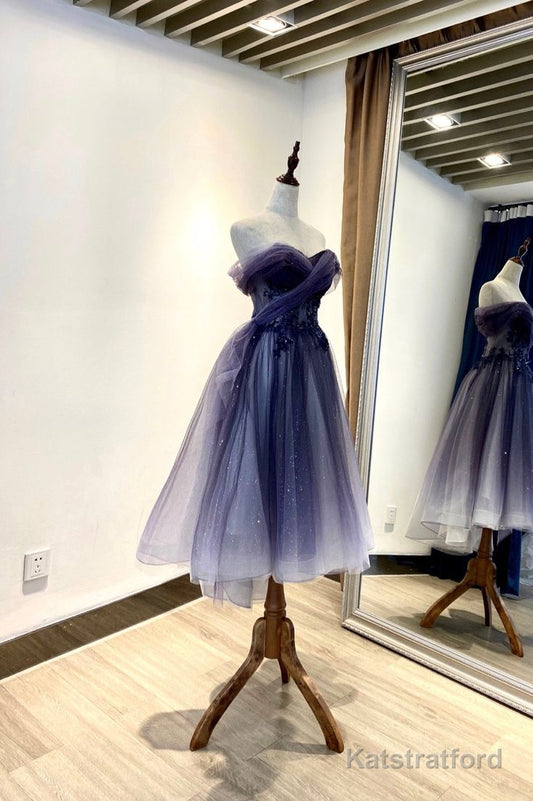 Tulle Lace Short Prom Dress, Off the Shoulder Evening Party Dress