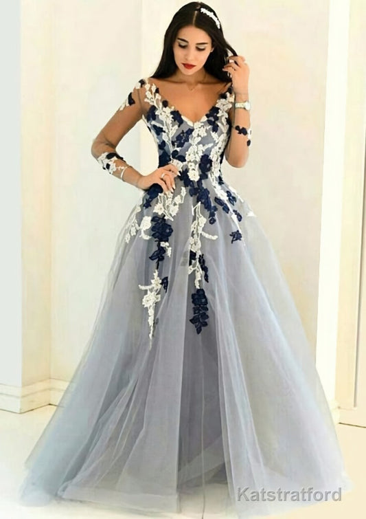 Tulle Long/Floor-Length A-Line/Princess Full/Long Sleeve V-Neck Zipper Evening Dresses With Appliqued